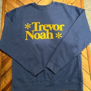 Trevor Noah Retro Logo Crewneck, blue with yellow lettering, size medium